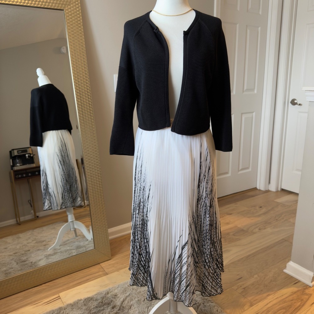 Athena Marie Pleated Midi Skirt White Black Graphic Print Size M